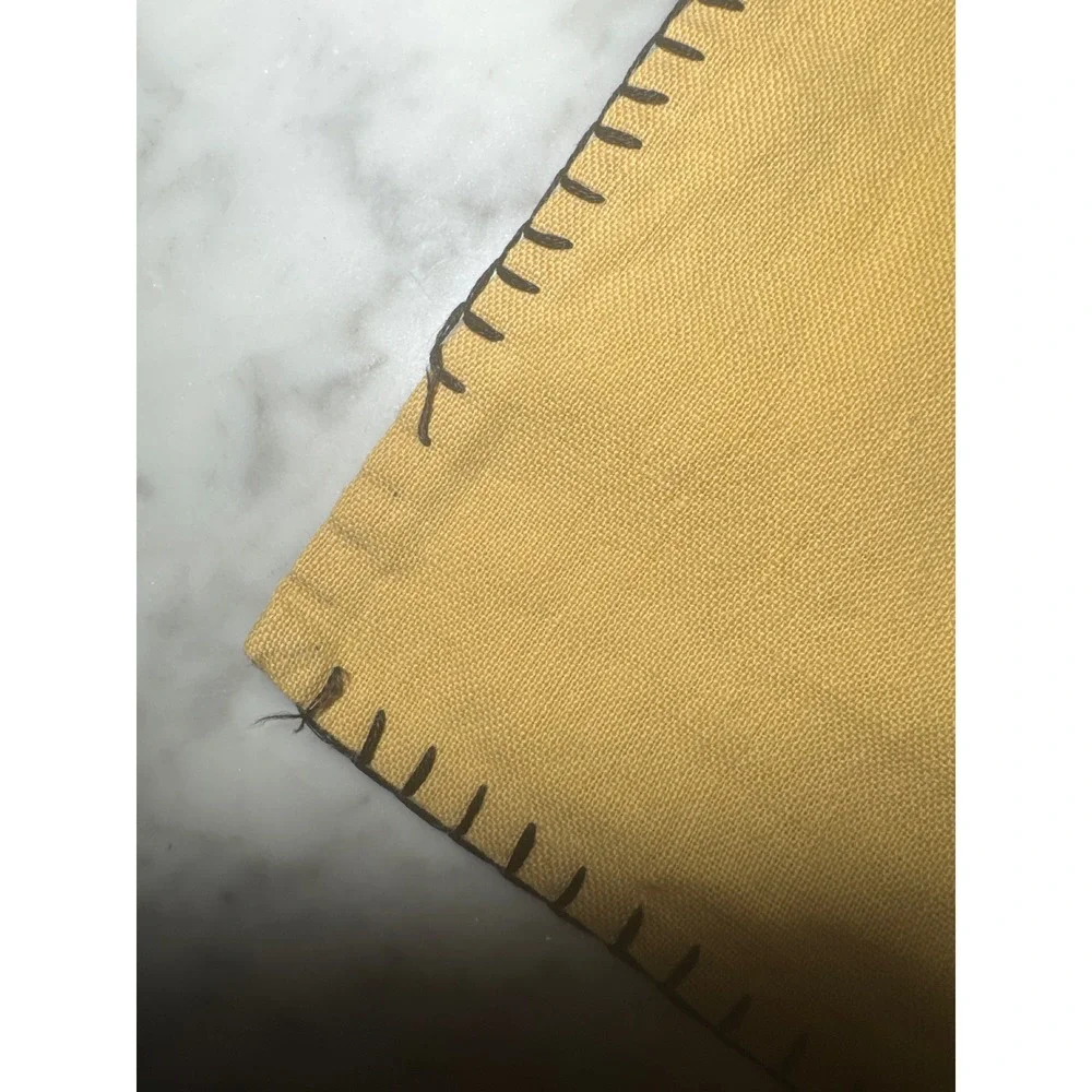 Vintage Hand Embroidered Floral Linen Napkin Mustard Yellow Whipstitch Edge